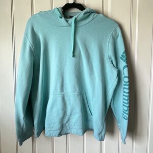 Columbia Hoodie Womens XL Aqua Blue Fleece Pullover Logo Sleeve Cozy Casual